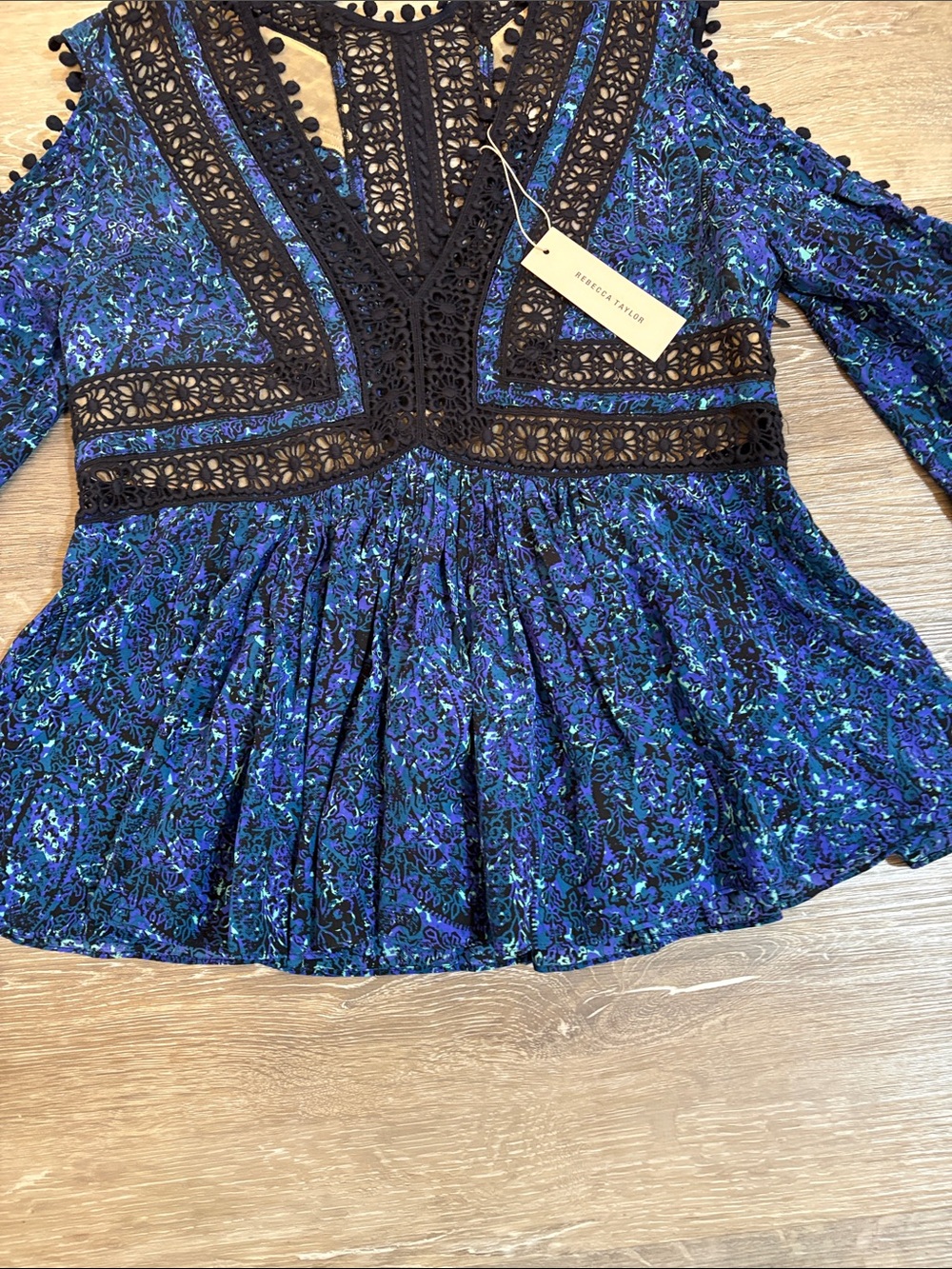 NWT Rebecca Taylor Blue Floral Printed Black Crochet Lace-Pom PomTrim 100% Silk - Picture 5 of 13
